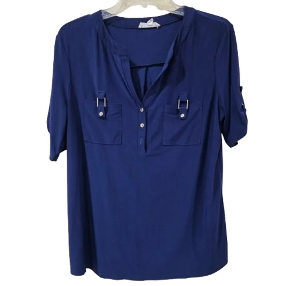 PerSeption Concepts Navy Blue Womens XL Short Sleeve BLOUSE - Picture 1 of 8